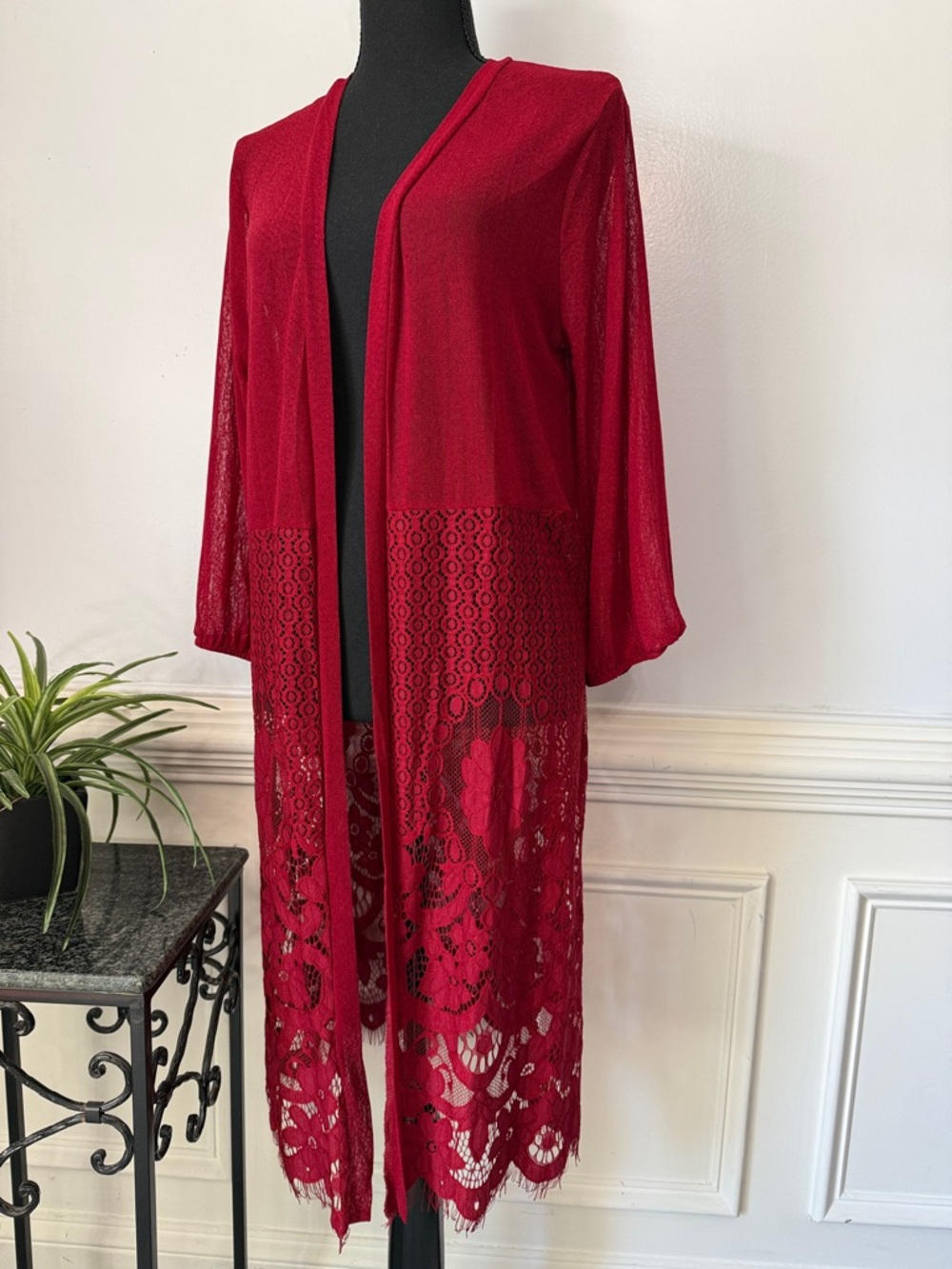 NWT Ember Red Eyelash Lace Floral Open Front Duster Cardigan L